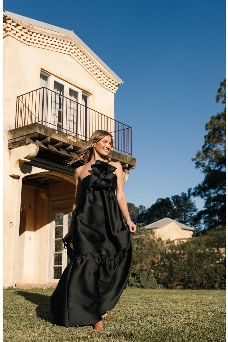 Betina Bow One-Shoulder Gown, Alternate, color, BLACK