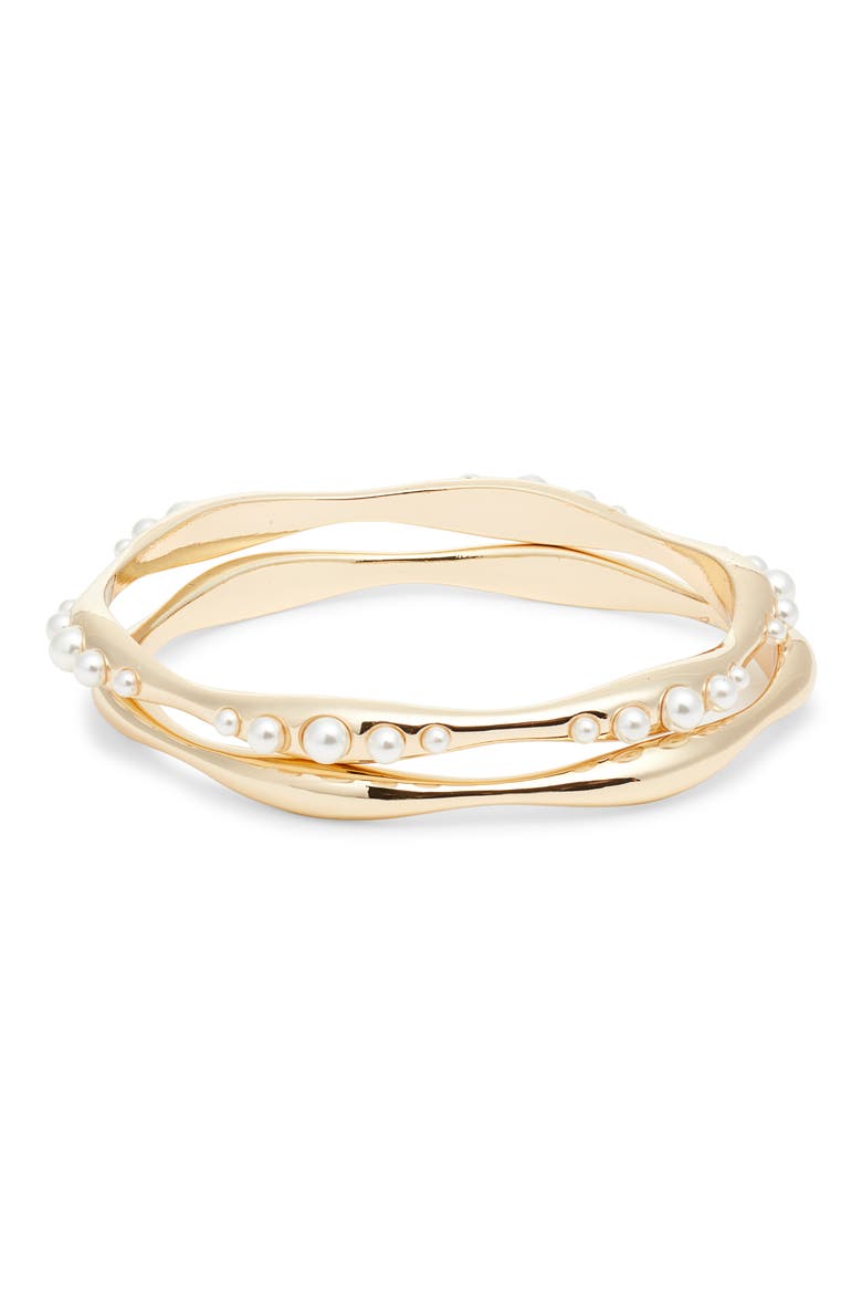 Set of 2 Faux Pearl Bangles, Main, color, WHITE- GOLD