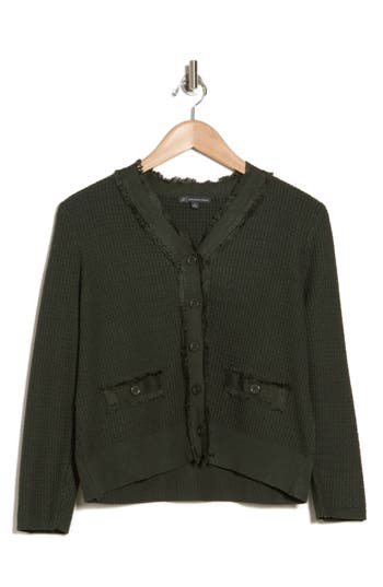Adrianna Papell Frayed Waffle Knit Cardigan In Dusty Olive