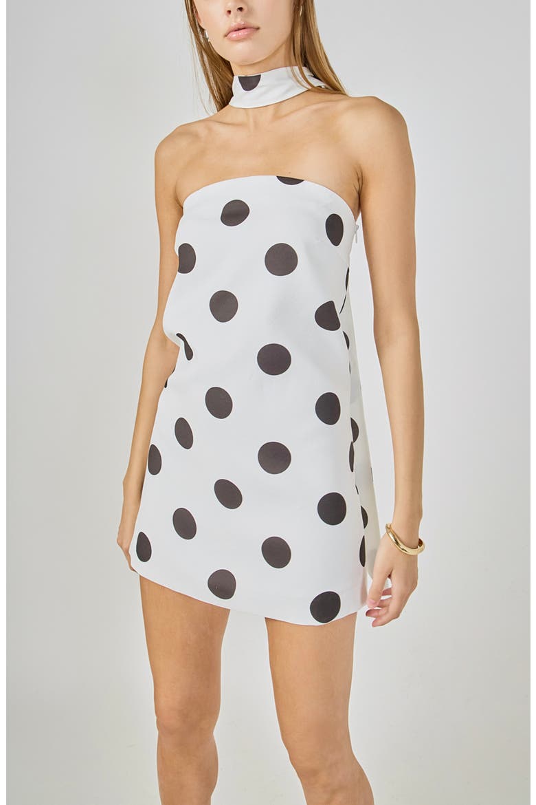 Polka Dot Choker Tie Minidress, Alternate, color, WHITE/ BLACK