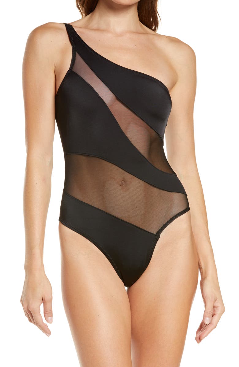 Norma Kamali Snake Mesh One-Shoulder Swimsuit, Main, color, Black/ Black Mesh