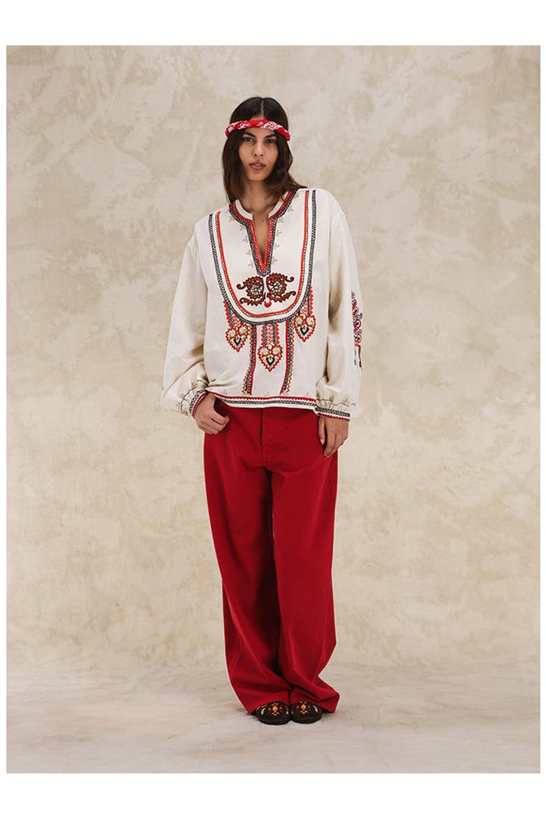 Cinthya Embroidered Cotton Linen Blouse, Alternate, color, OFF WHITE