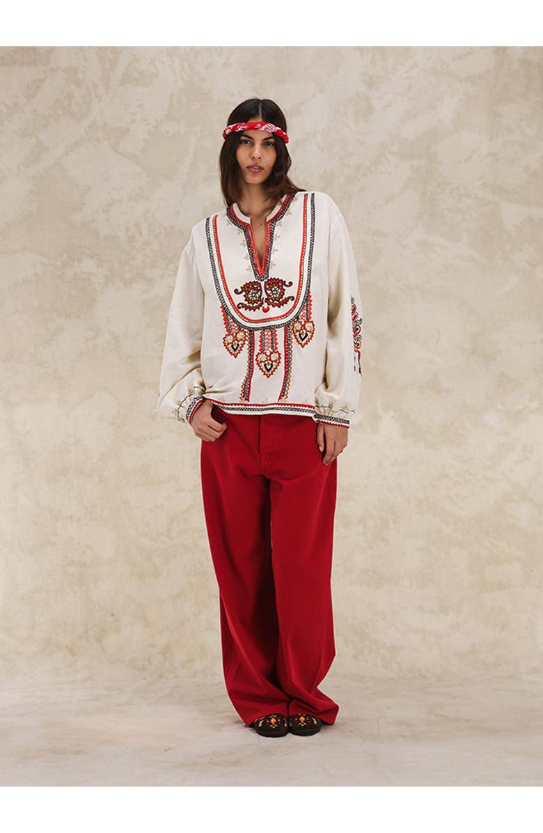 Fortela Cinthya Embroidered Cotton Linen Blouse, Alternate, color, Off White