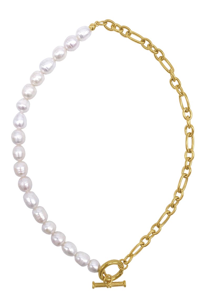 14K Yellow Gold Plated Water Resistant Stainless Steel 10-11mm Freshwater Pearl Half and Half Necklace, Main, color, WHITE