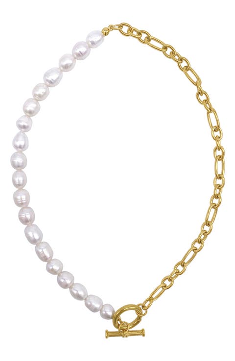 14K Yellow Gold Plated Water Resistant Stainless Steel 10-11mm Freshwater Pearl Half and Half Necklace