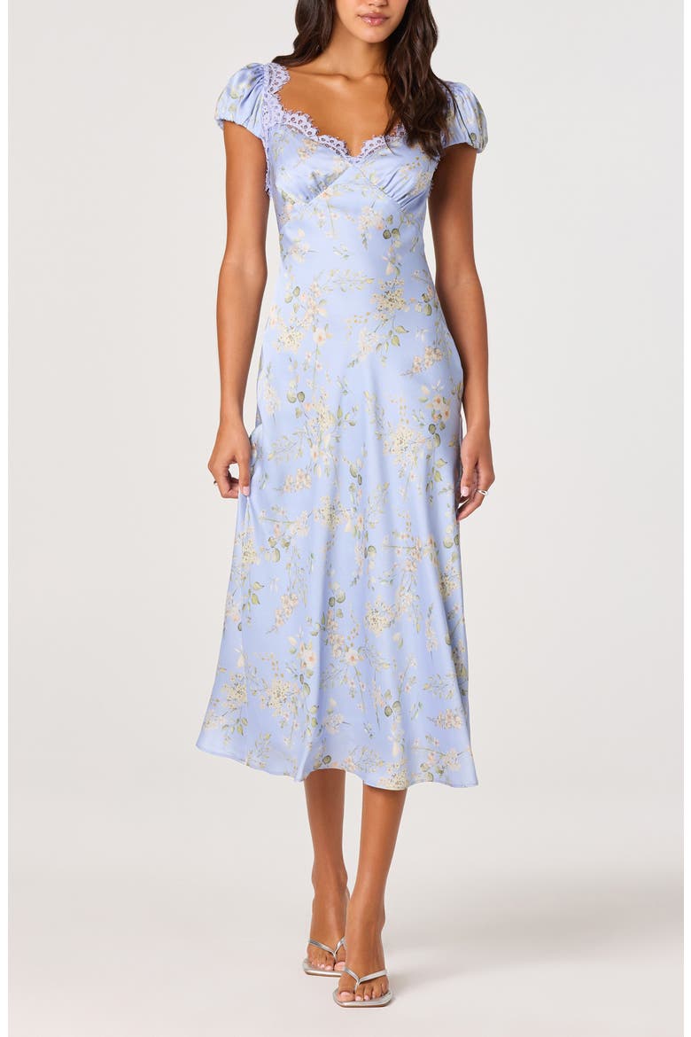Makaela Floral Satin Midi Dress, Main, color, BLUE FLORAL