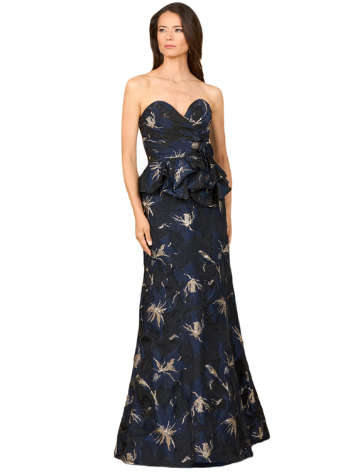 Lara New York Strapless Brocade Gown With Bolero In Navy