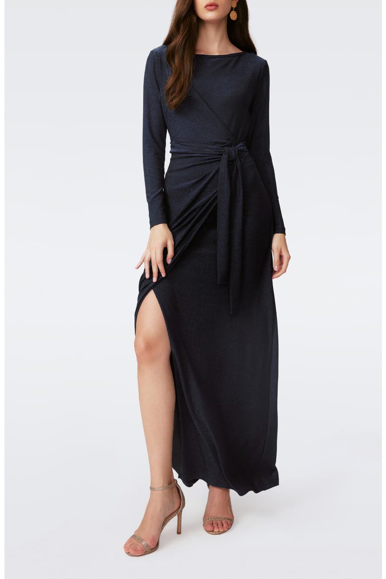 Simona Shimmer Long Sleeve Faux Wrap Maxi Dress, Main, color, METALLIC MIDNIGHT