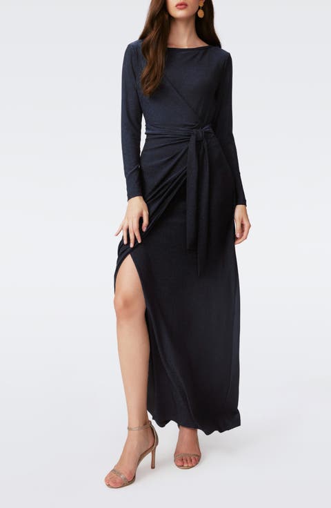 Simona Shimmer Long Sleeve Faux Wrap Maxi Dress