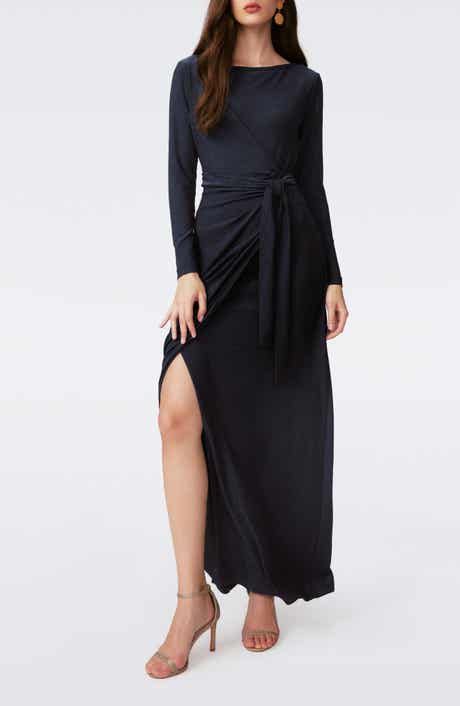 Simona Shimmer Long Sleeve Faux Wrap Maxi Dress