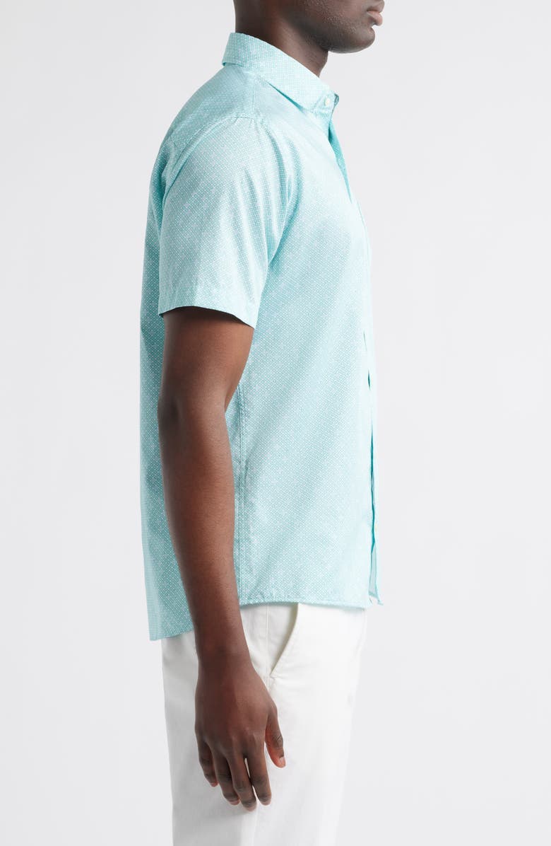 Peter Millar James Geo Print Short Sleeve Cotton Button-Up Shirt, Alternate, color, Meadow