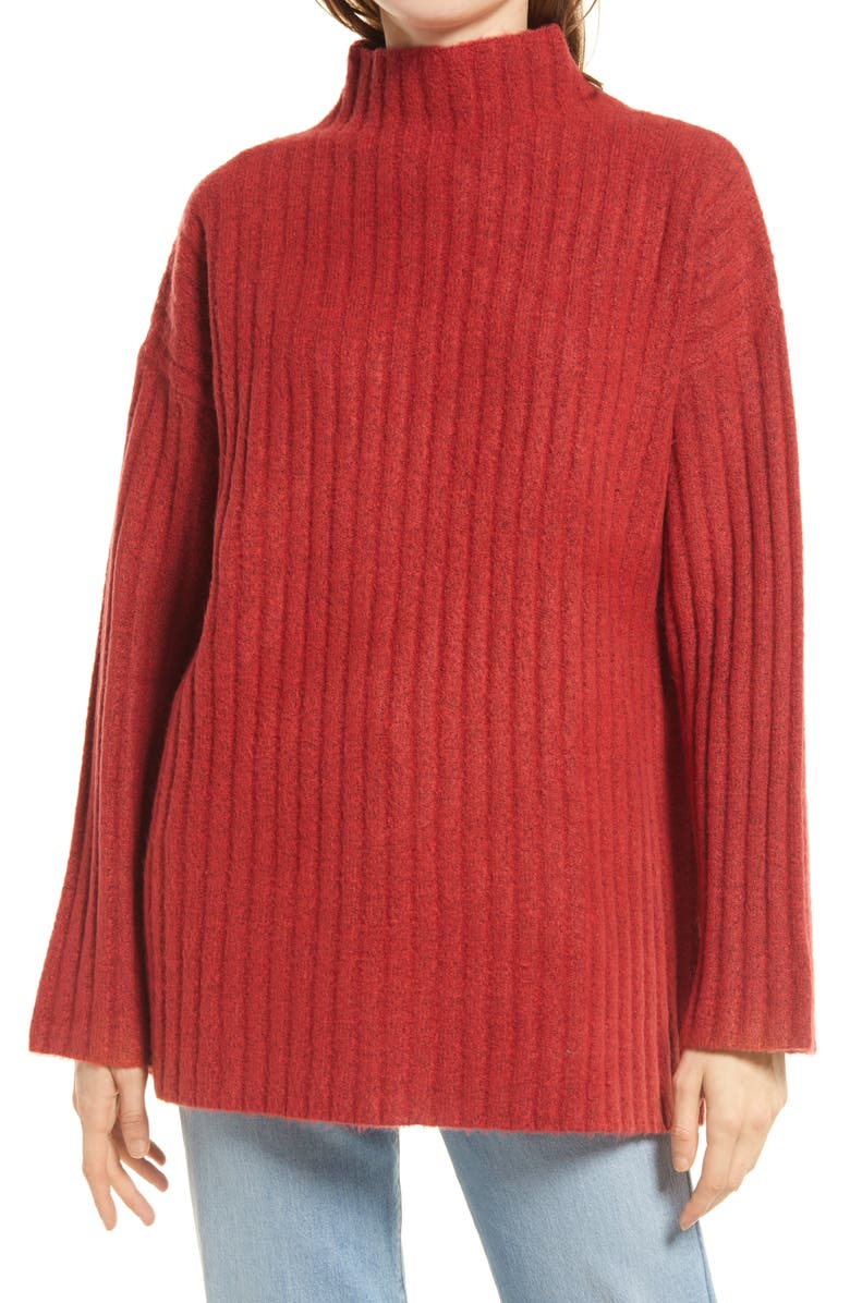 Open Edit Oversize Mock Neck Tunic Sweater, Main, color,