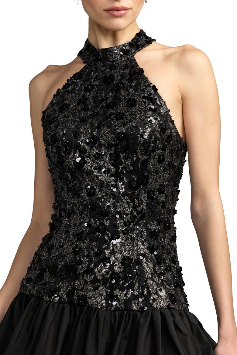 Beaded Lace Mock Neck Bubble Hem Mini Dress, Alternate, color, Black Silver