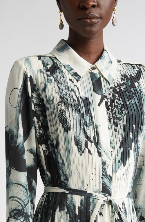 Shop Jason Wu Collection Brushstroke Print Long Sleeve Pleated Georgette Shirtdress In Calico/ink Multi