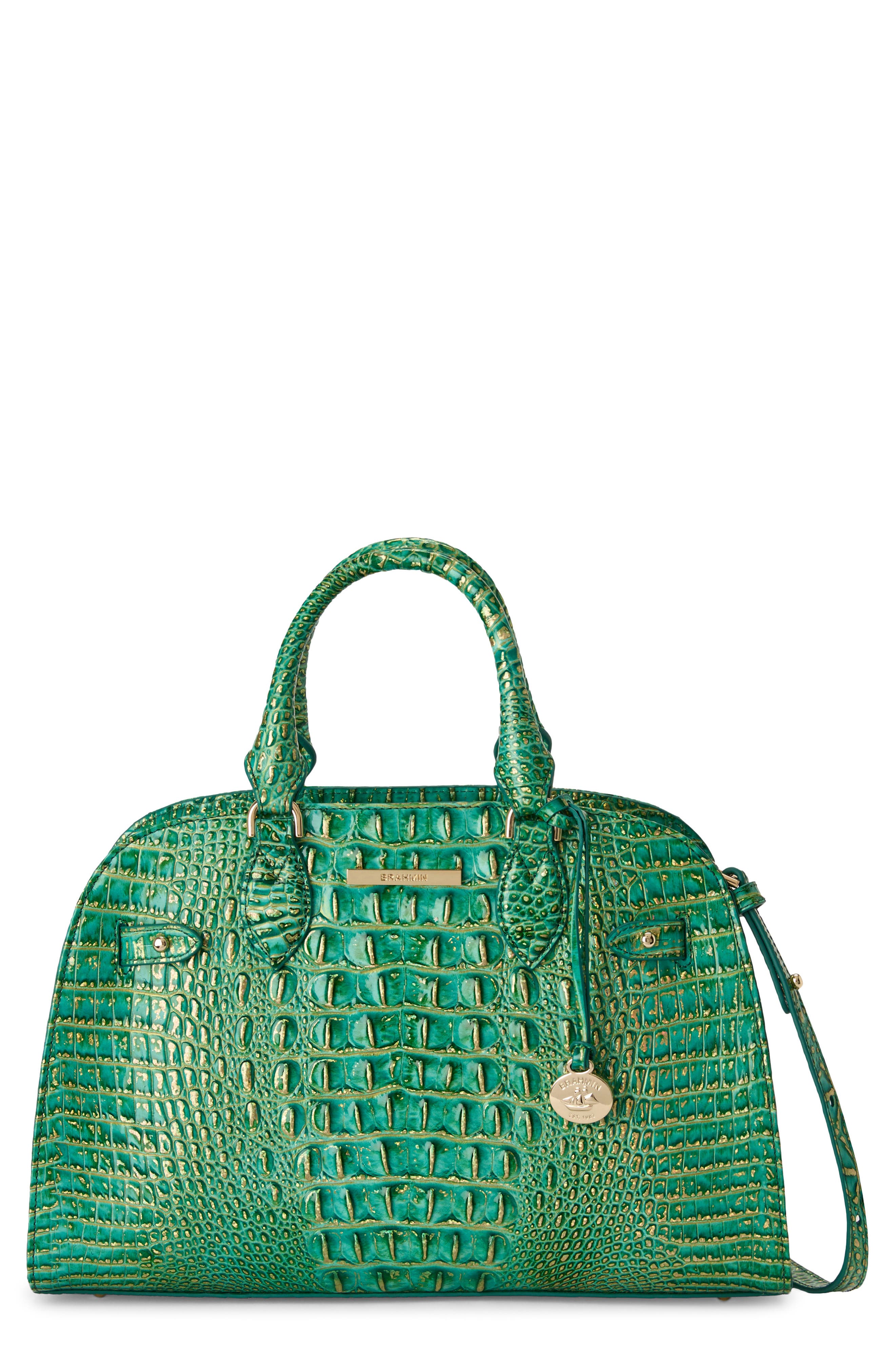 Angelina Croc Embossed Leather Shoulder Bag, Alternate, color, JUNGLE JEWEL