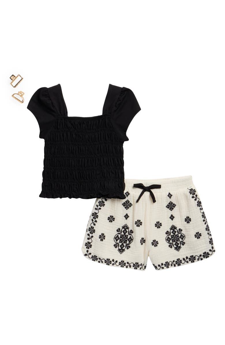 Tween Diva Kids' Smocked Top, Embroidered Shorts & Hair Clips Set, Main, color, Black