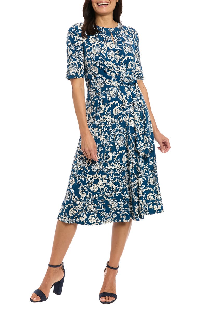 London Times Elbow Sleeve A-Line Dress, Main, color, Blue Opal/ Stonewall