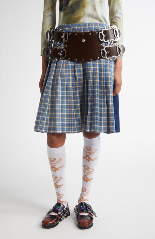 Chopova Lowena Marshal Plaid Belted Denim Skirt in Blue Tartan 