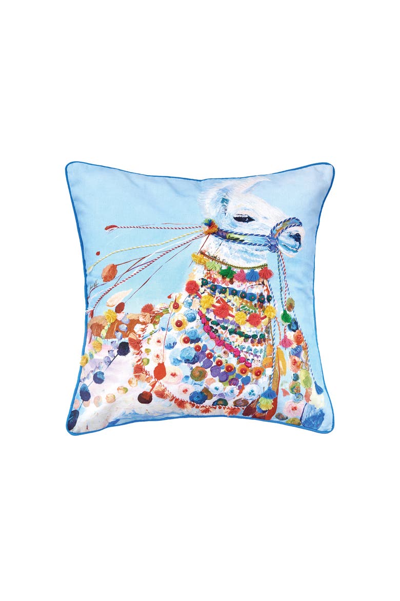Llama Boho Blue Multicolor Cotton Throw Pillow 22" x 22" Cover And Insert Set, Main, color, Blue