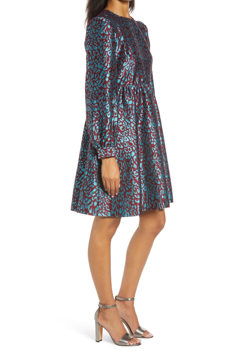 x Atlantic-Pacific Leopard Jacquard Long Sleeve Dress, Alternate, color, TEAL- MAROON LEOPARD