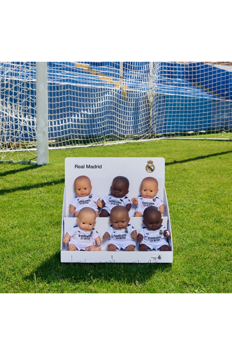 Miniland 8 1/4 inch Baby Boy Doll with Real Madrid SoccerJersey, Alternate, color, Dark Skin