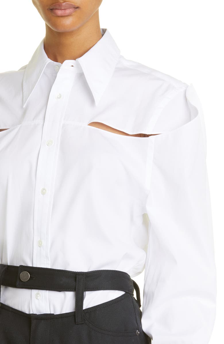 K.NGSLEY Gender Inclusive Slashed Cotton Poplin Button-Up Shirt, Alternate, color, 