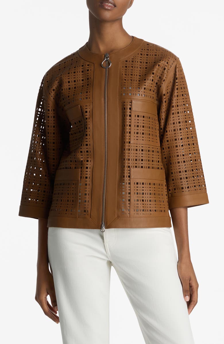 St. John Collection Laser Cut Leather Jacket, Main, color, 