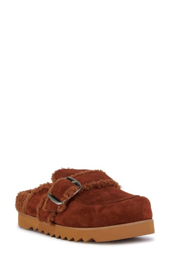 Azalea Wang Simah Faux Shearling Lined Mule In Brown
