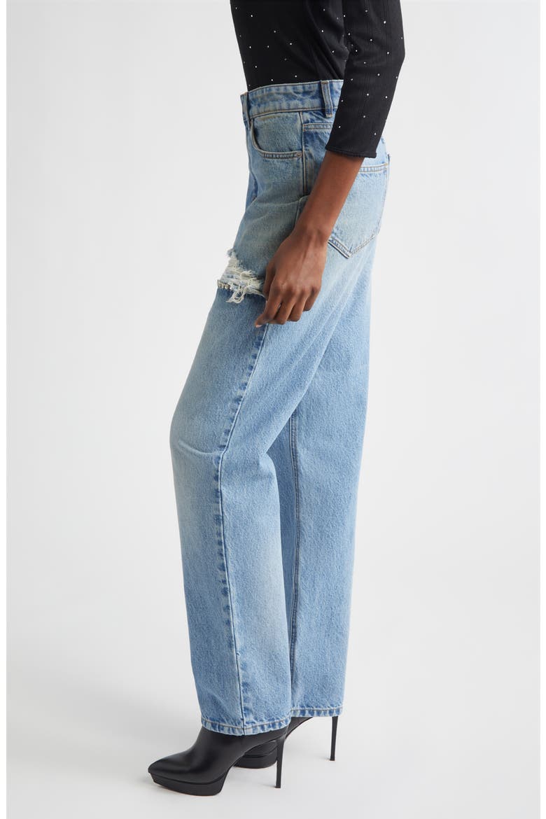 Crystal Slit Frayed Straight Leg Jeans, Alternate, color, MEDIUM BLUE