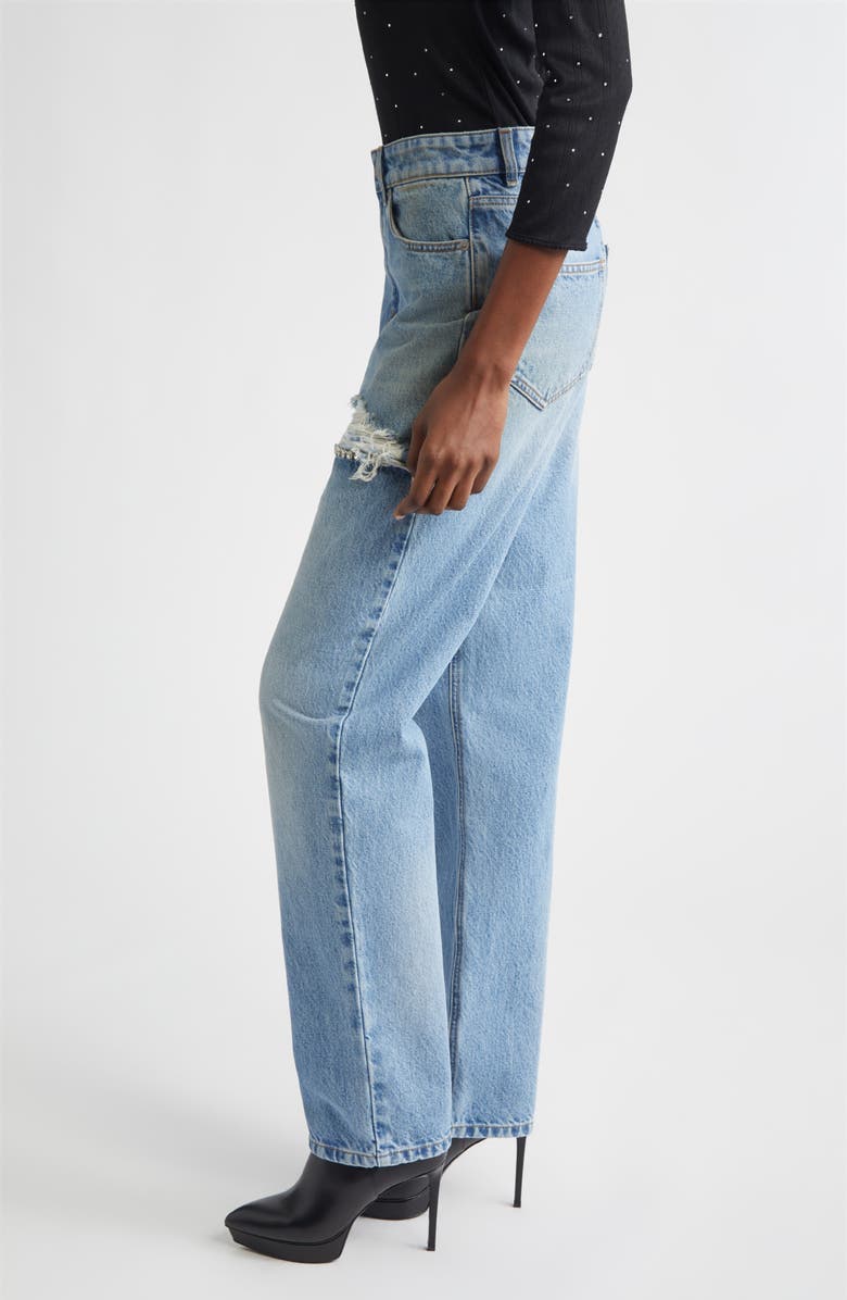 Area Crystal Slit Frayed Straight Leg Jeans, Alternate, color, Medium Blue