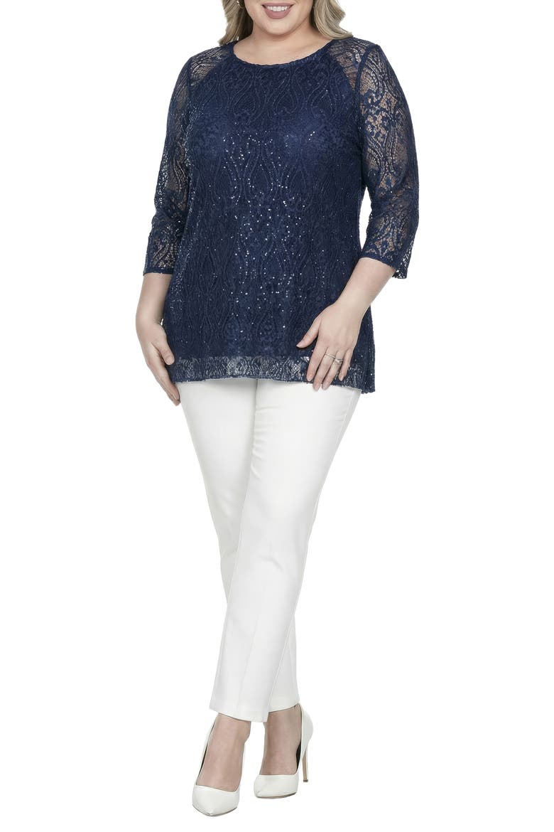 Sequin Lace Tunic Top, Alternate, color, NAVY