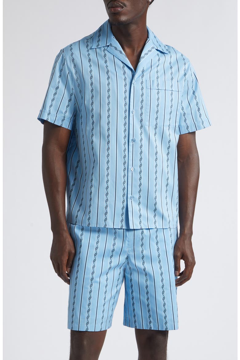 Stripe Greca Jacquard Short Sleeve Button-Up Shirt, Main, color, BRIGHT AVIO BLACK