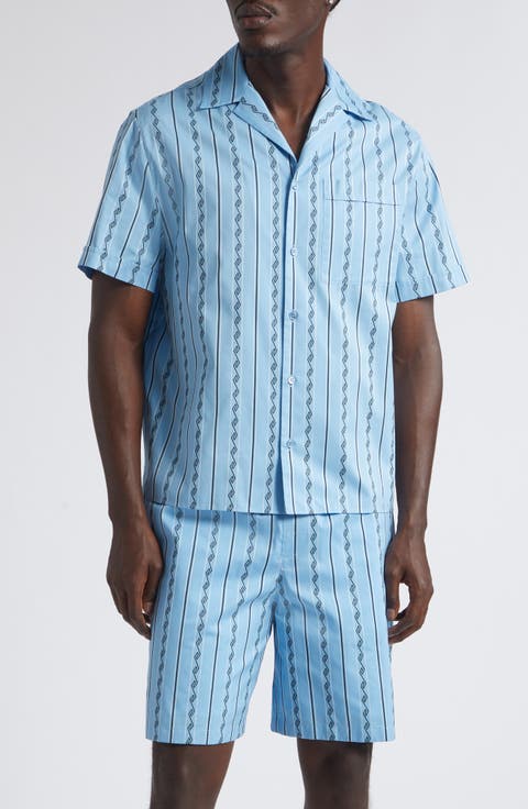 Stripe Greca Jacquard Short Sleeve Button-Up Shirt