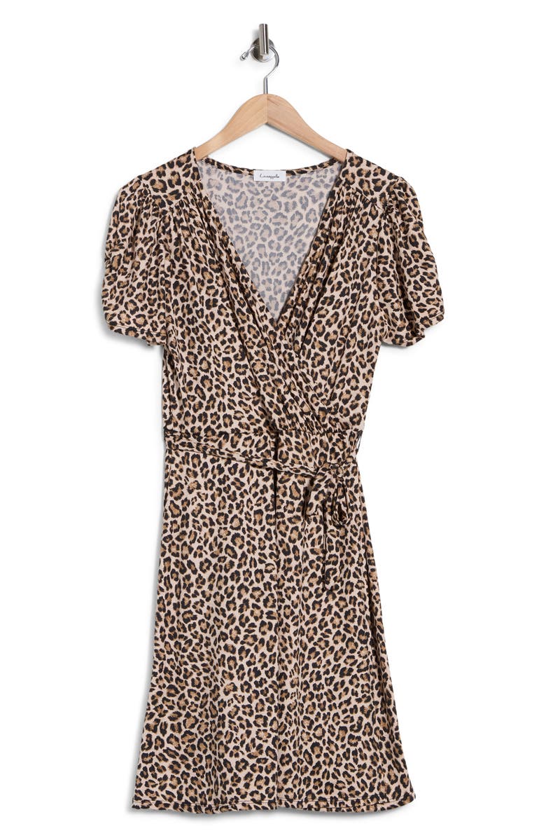 Loveappella Short Sleeve Faux Wrap Jersey Dress, Main, color, Tan Multi