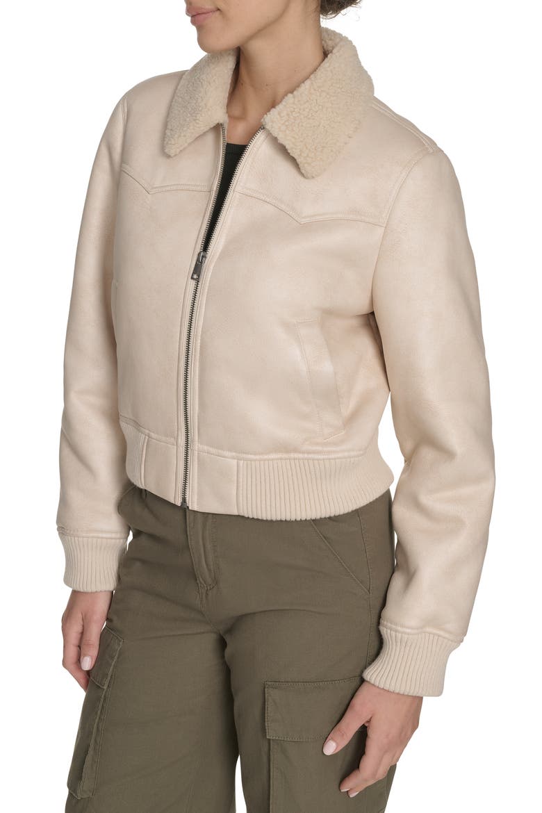 Faux Shearling Trim Faux Leather Western Bomber Jacket, Alternate, color, ALMOND MILK