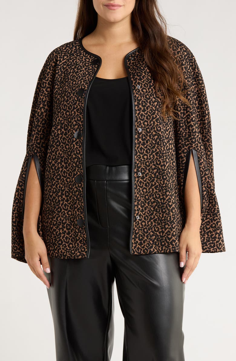 KASPER Leopard Jacquard Cape, Main, color, Dark Camel/ Black