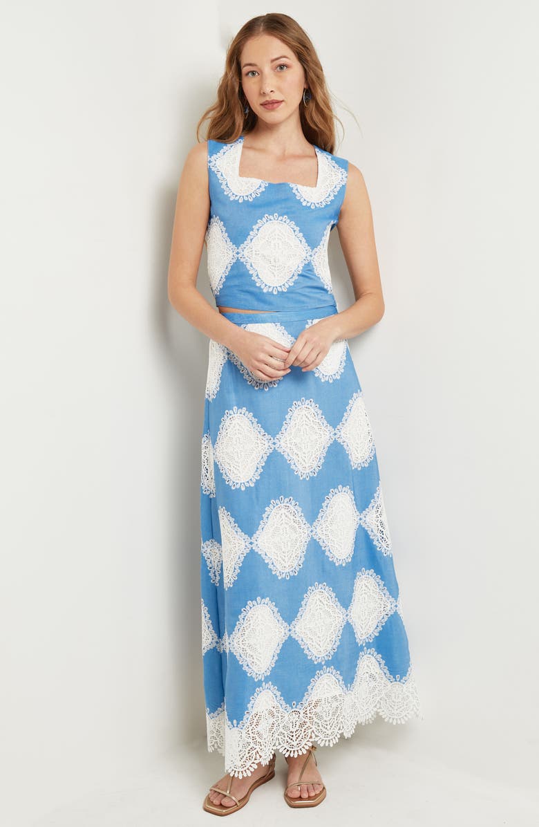 Misook Lace Inset Tank, Alternate, color, Adriatic Blue/White