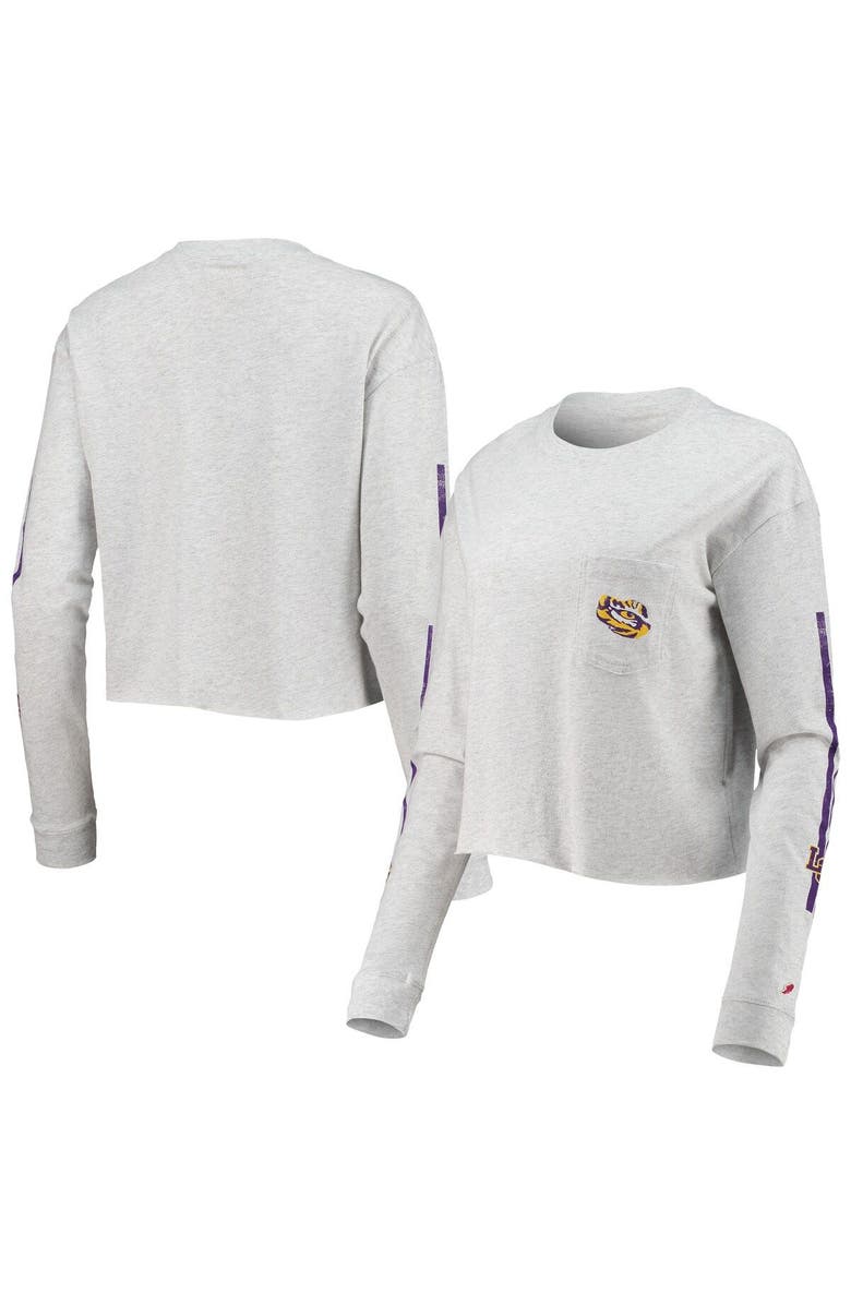 LEAGUE COLLEGIATE WEAR Women's League Collegiate Wear Heathered Gray LSU Tigers Clothesline Cotton Midi Crop Long Sleeve T-Shirt, Main, color,