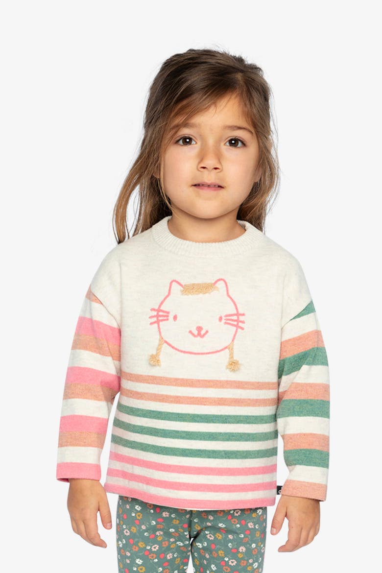Knitted Stripe Sleeve Cat Appliqué Sweater, Alternate, color, Off-White
