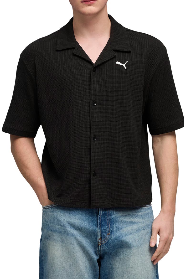 Wardrobe Essentials Waffle Knit Boxy Button-Up Shirt, Main, color, PUMA BLACK
