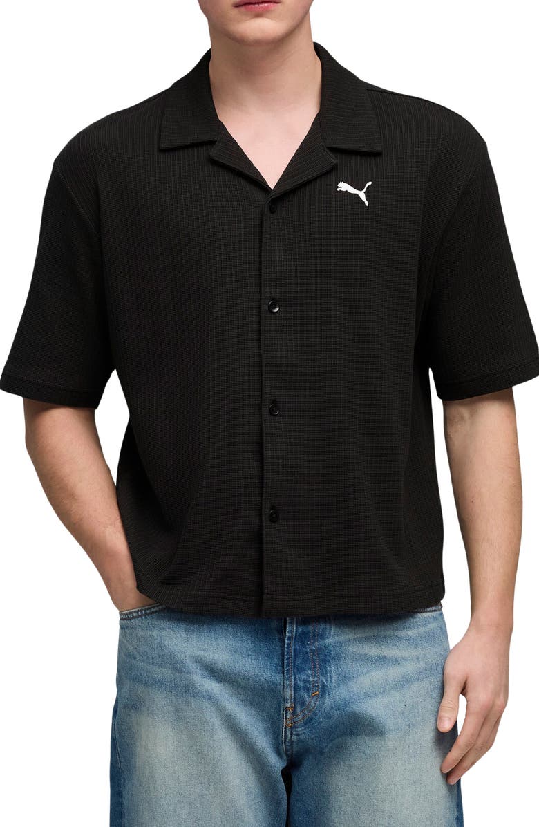 PUMA Wardrobe Essentials Waffle Knit Boxy Button-Up Shirt, Main, color, Puma Black