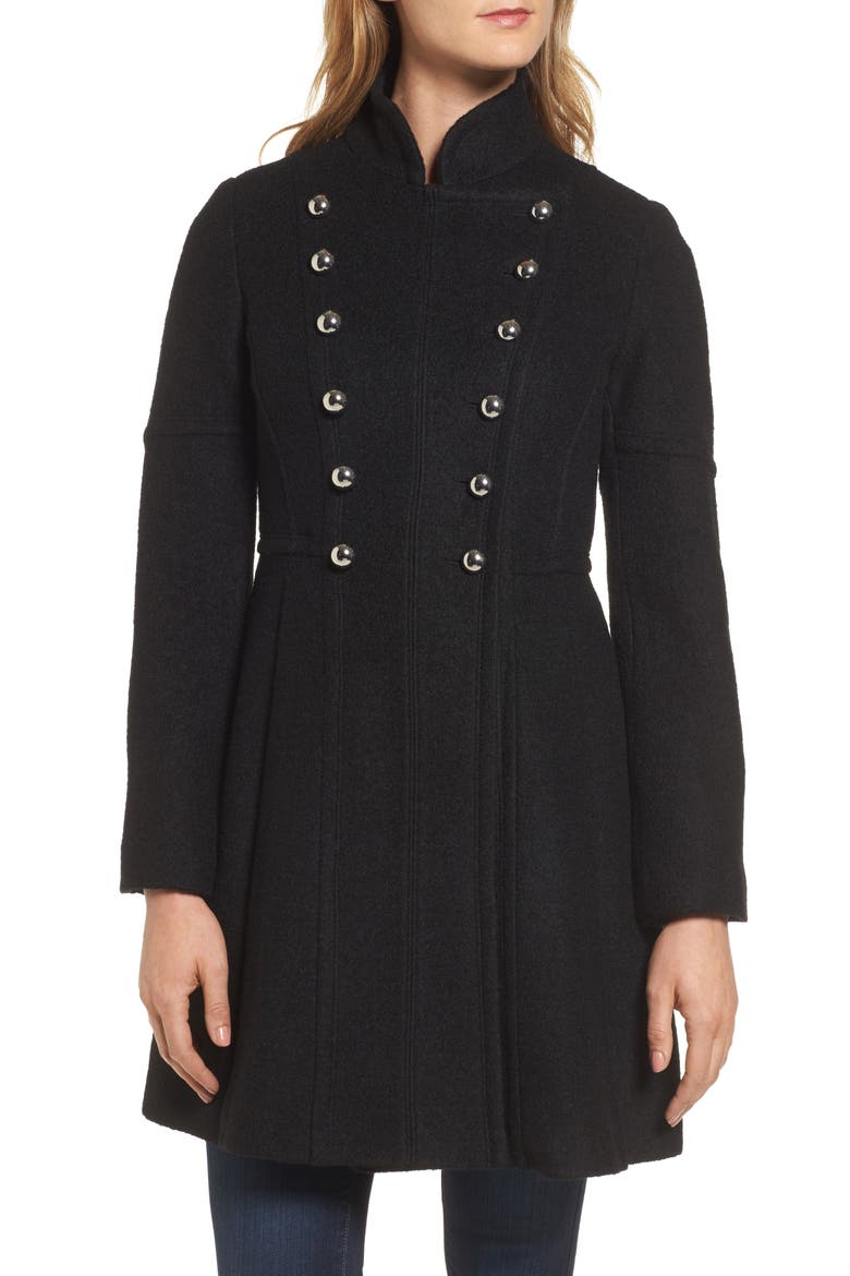 Double Breasted Fit & Flare Coat, Alternate, color, BLACK