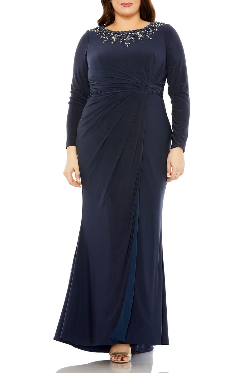 Mac Duggal Long Sleeve Embellished Neckline Jersey Gown, Main, color, Midnight
