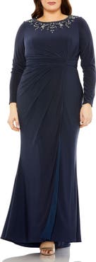 Mac Duggal Long Sleeve Embellished Neckline Jersey Gown