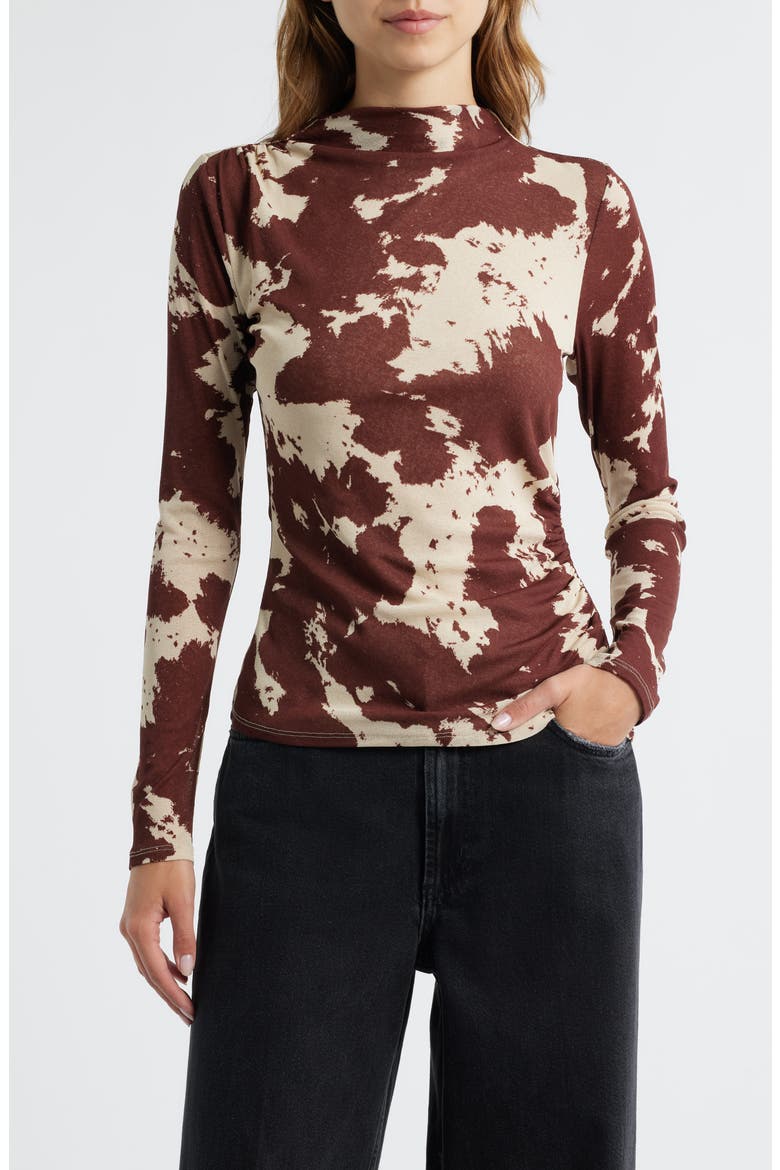 Joelle Cow Print Ruched Funnel Neck Top, Main, color, COWGIRL