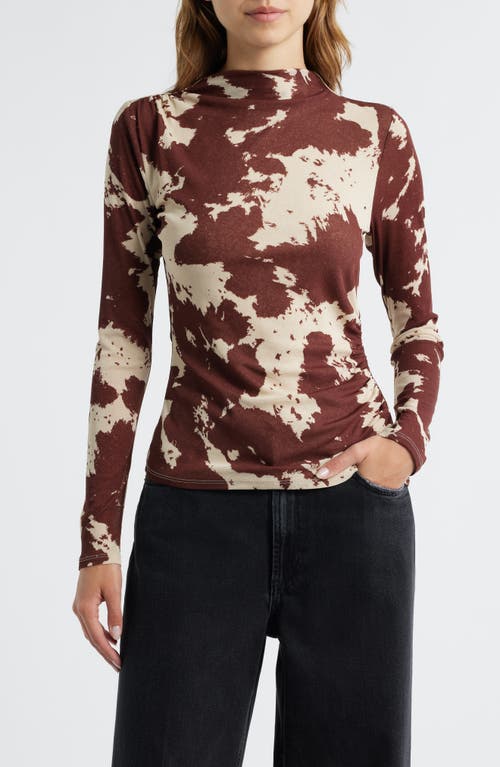 Rails Joelle Cow Print Ruched Funnel Neck Top In Brown