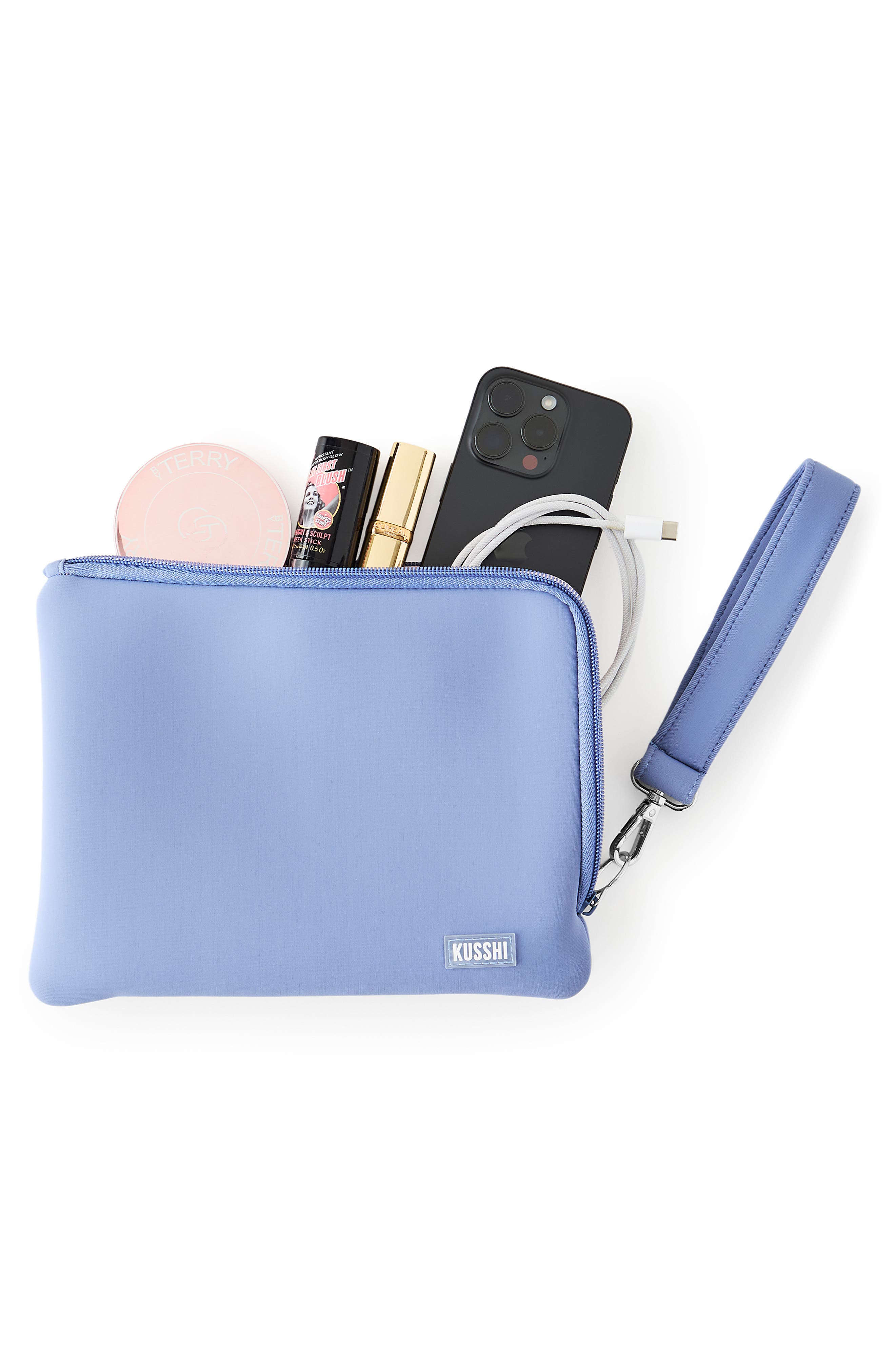 Neoprene Wristlet Clutch, Alternate, color, PEARL BLUE/ SAND PINK