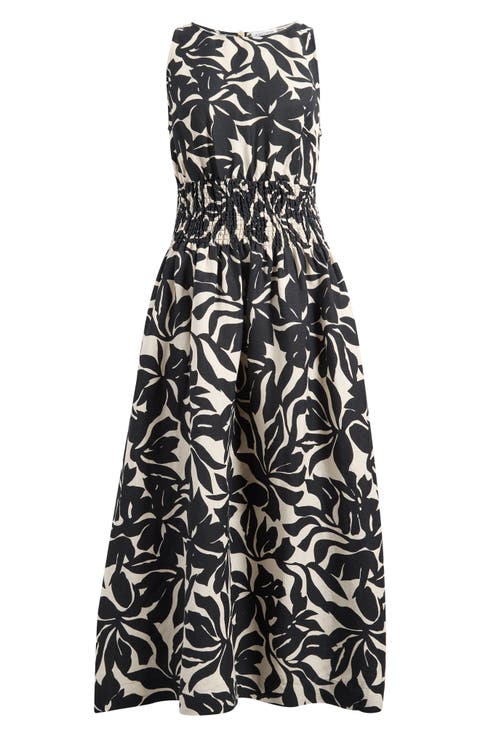 Smocked Waist Linen Blend Dress