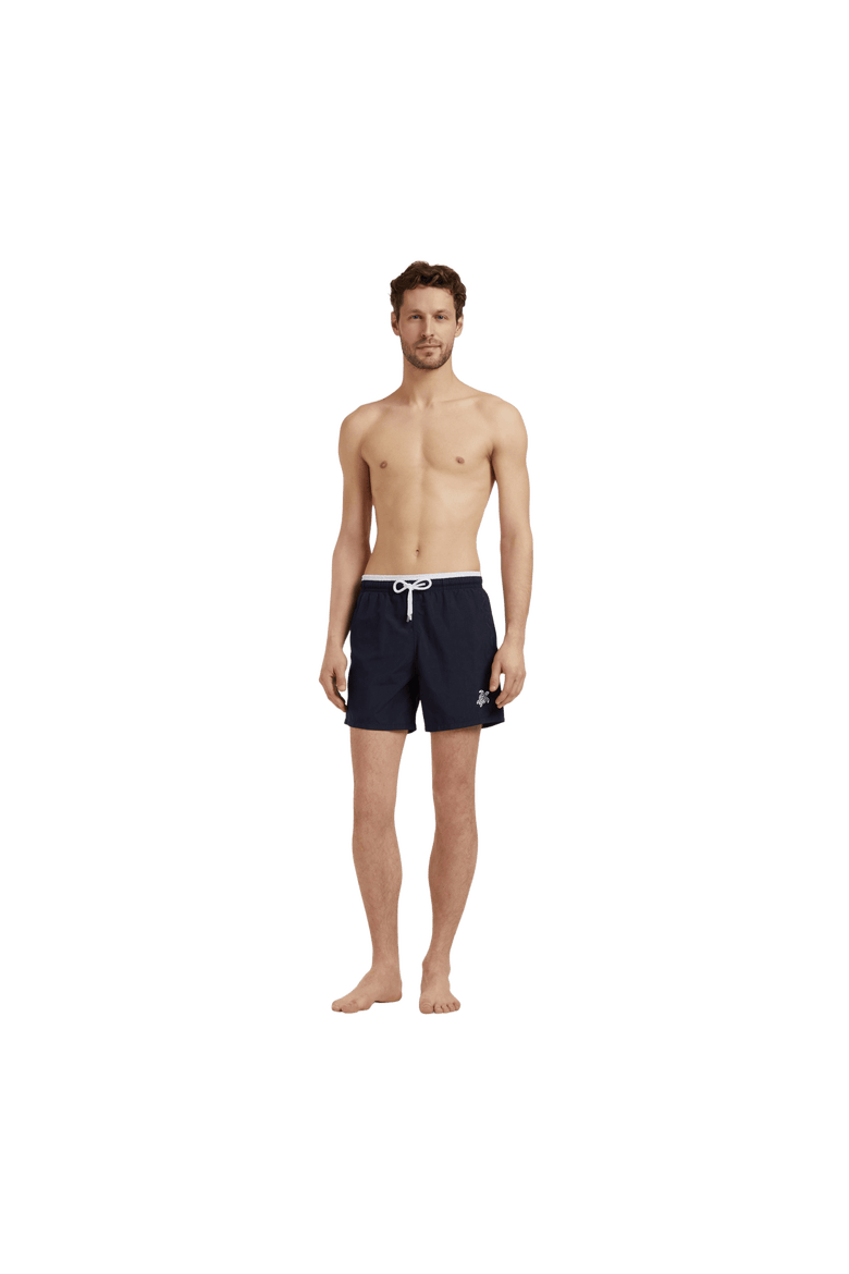 Men's Solid Bicolor Length Swim Trunks, Alternate, color, MARINE / BLANC