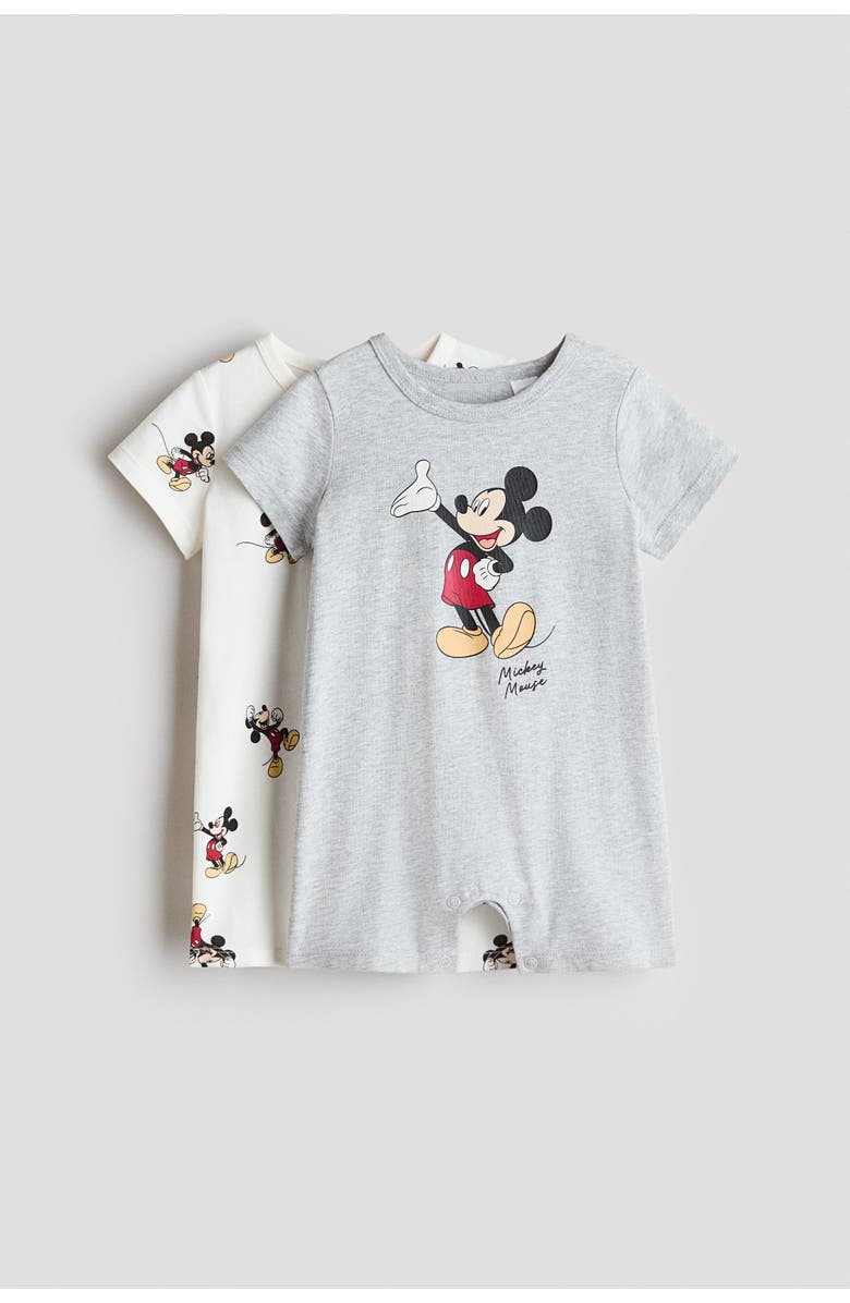 H&M 2-pack Printed Cotton Sleepsuits, Main, color, Light Gray/Mickey Mouse